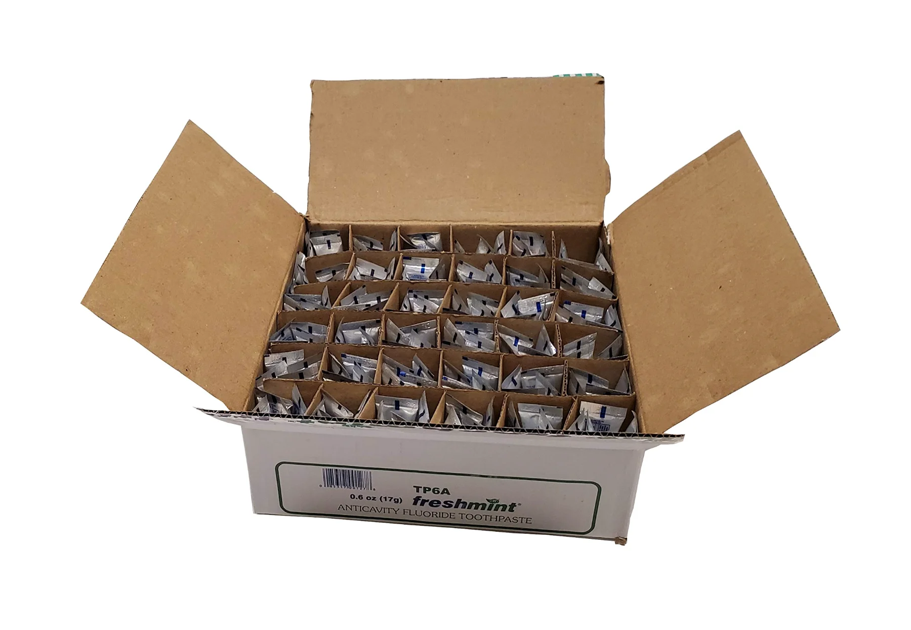 An opened case carton of small Freshmint toothpaste tubes
